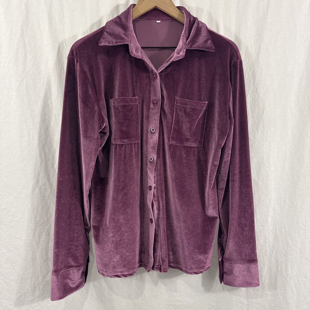 Unbranded Womens Size L Pink Long Sleeve Velvet Button Up Shirt Romantic